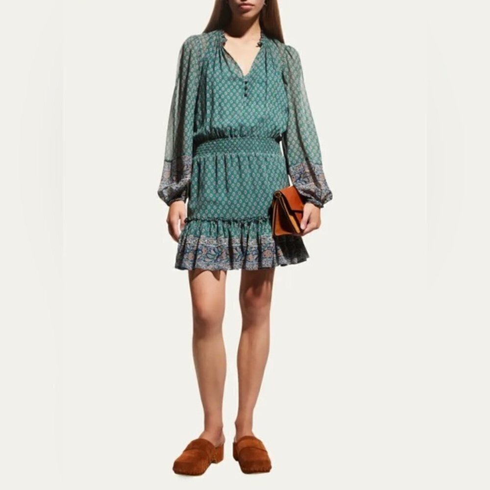 Veronica Beard Destiny Printed Smocked Waist V-Neck Dress